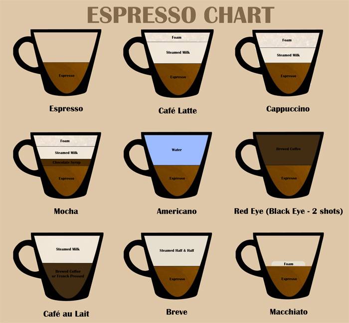 Сравнение кофе латте, капучино, эспрессо, американо, мокка