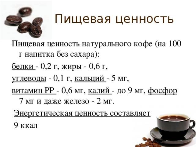 Кофе – калорийность с сахаром и без, сколько ккал на 100 грамм напитка